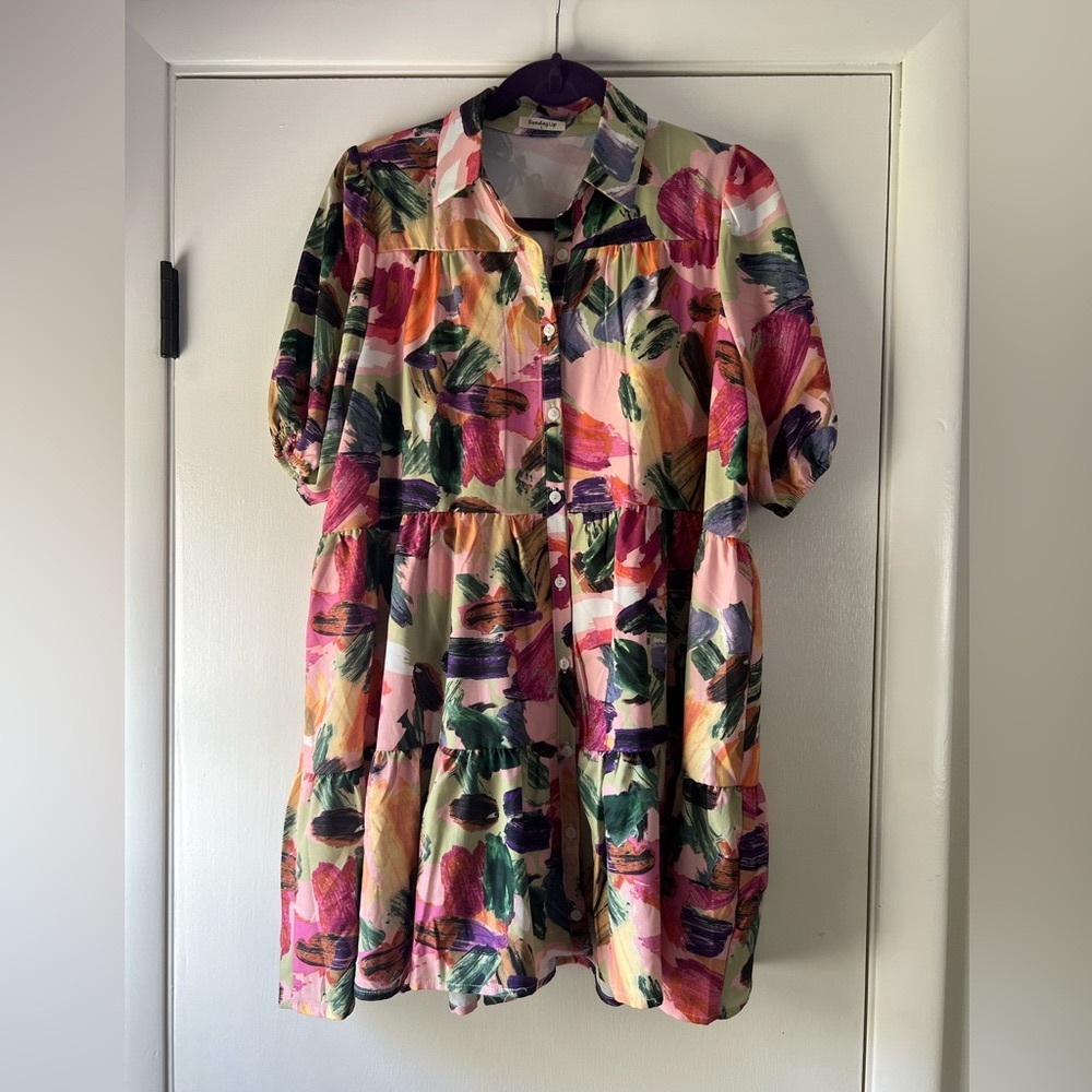 Floral Brushstroke Tiered Shirt Dress - Pink & Green - Picture 2 of 8